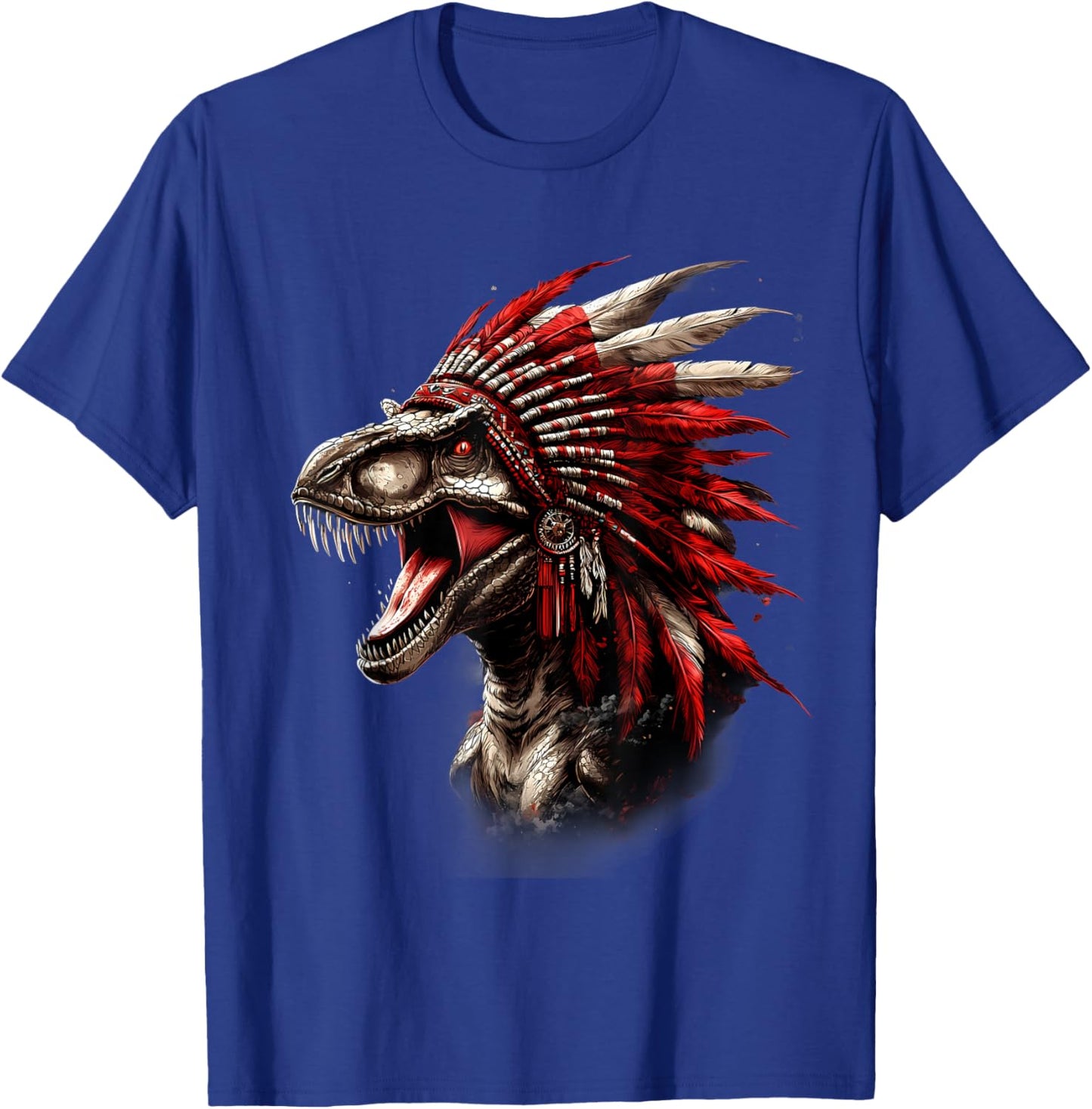Native American Feather Headdress Dino T-Rex Artwork T-Shirt - T-Shirt | Royal