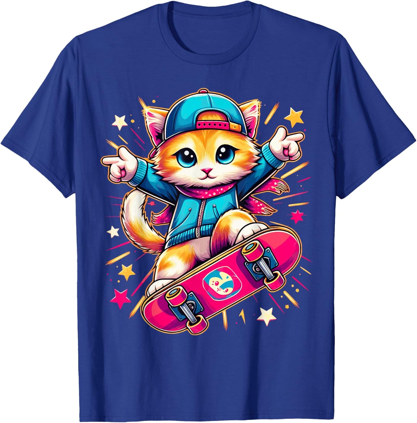 Skate Kitten Cute Adorable Cat Skating Fun Skateboard Tricks T-Shirt - T-Shirt | Royal