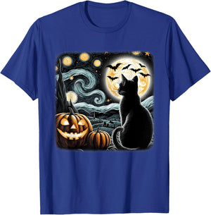 Black Cat Halloween Cat Lover Starry Night Cat Van Gogh Cat Women Kids T-Shirt - T-Shirt | Royal
