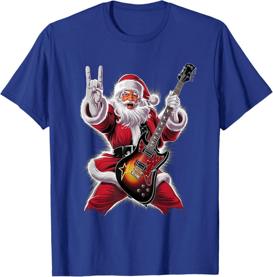 Rock & Roll Christmas Santa Claus Guitar Player T-Shirt - T-Shirt | Royal