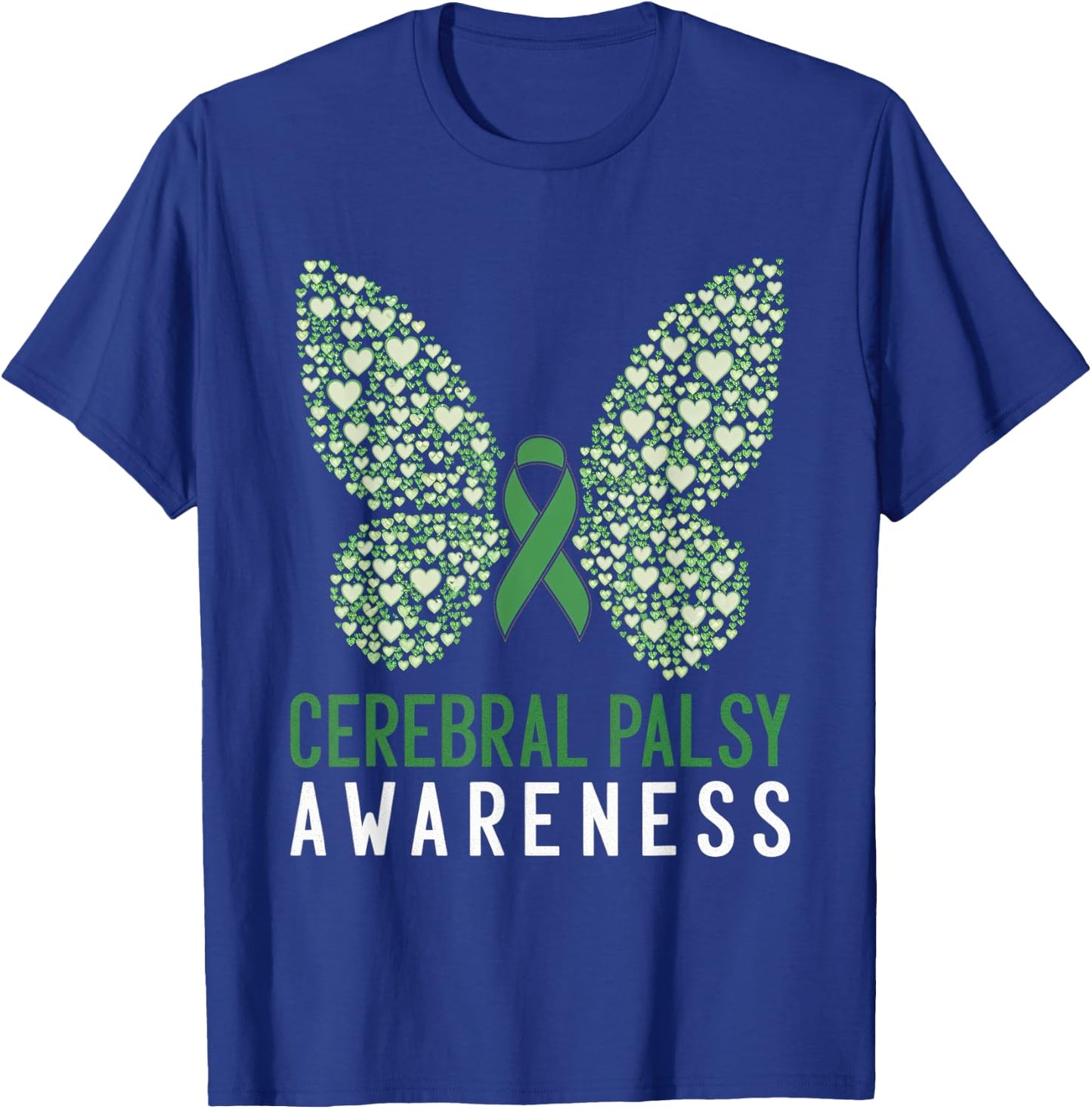 Cerebral Palsy Awareness Green Ribbon Butterfly Support T-Shirt - T-Shirt | Royal