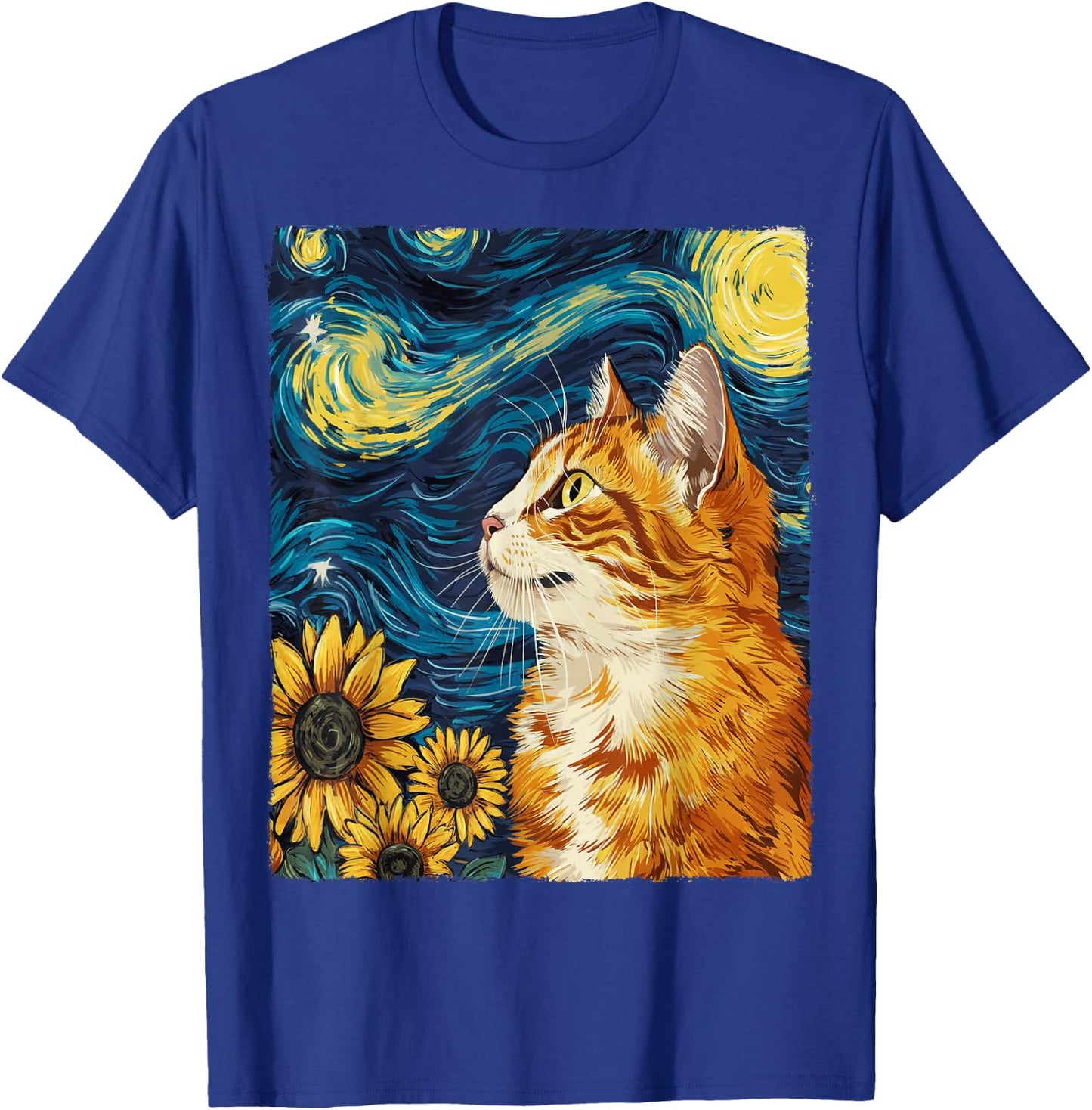 Cat Starry Night Apparel Gifts Graphic Cat Mom Cat Dad -Adults -Kids Black Small Round Collar Sunflower Graphic Modern T-Shirt - T-Shirt | Royal