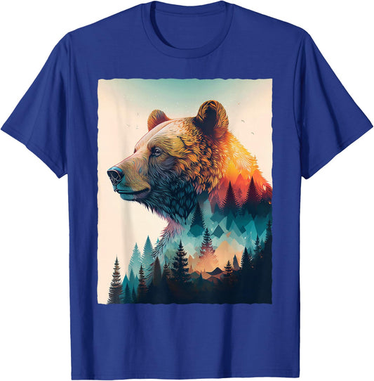 Grizzly Bear Forest Mountain Sunset Double Exposure Art T-Shirt - T-Shirt | Royal