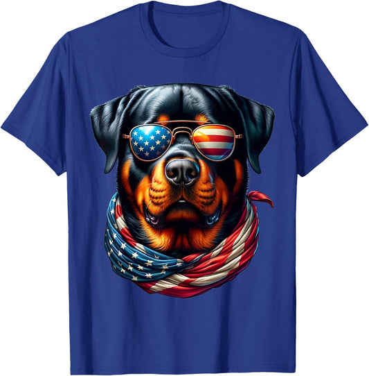 Rottweiler USA Flag Sunglasses Patriotic Dog 4th of July T-Shirt - T-Shirt | Royal