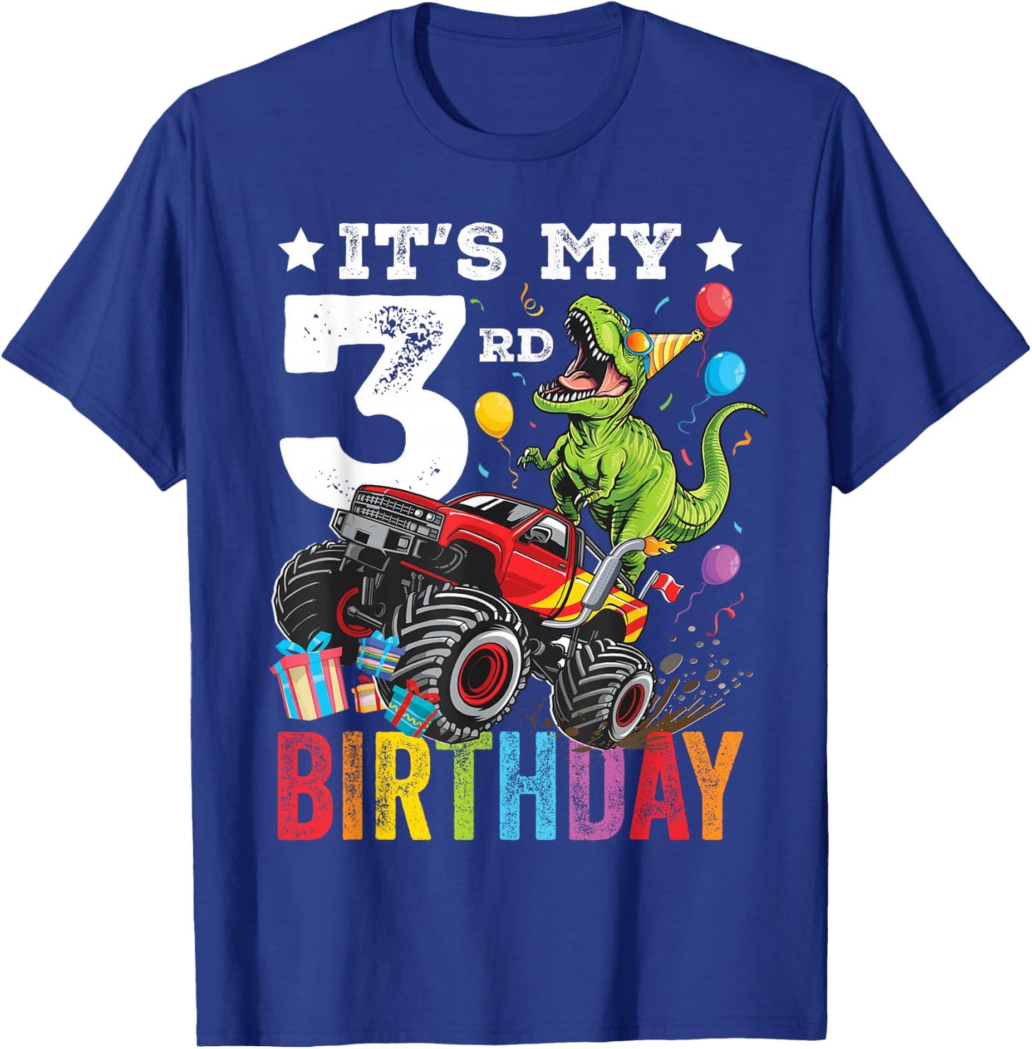 Three 3rd Birthday Dinosaur Monster Truck T-Shirt - T-Shirt | Royal
