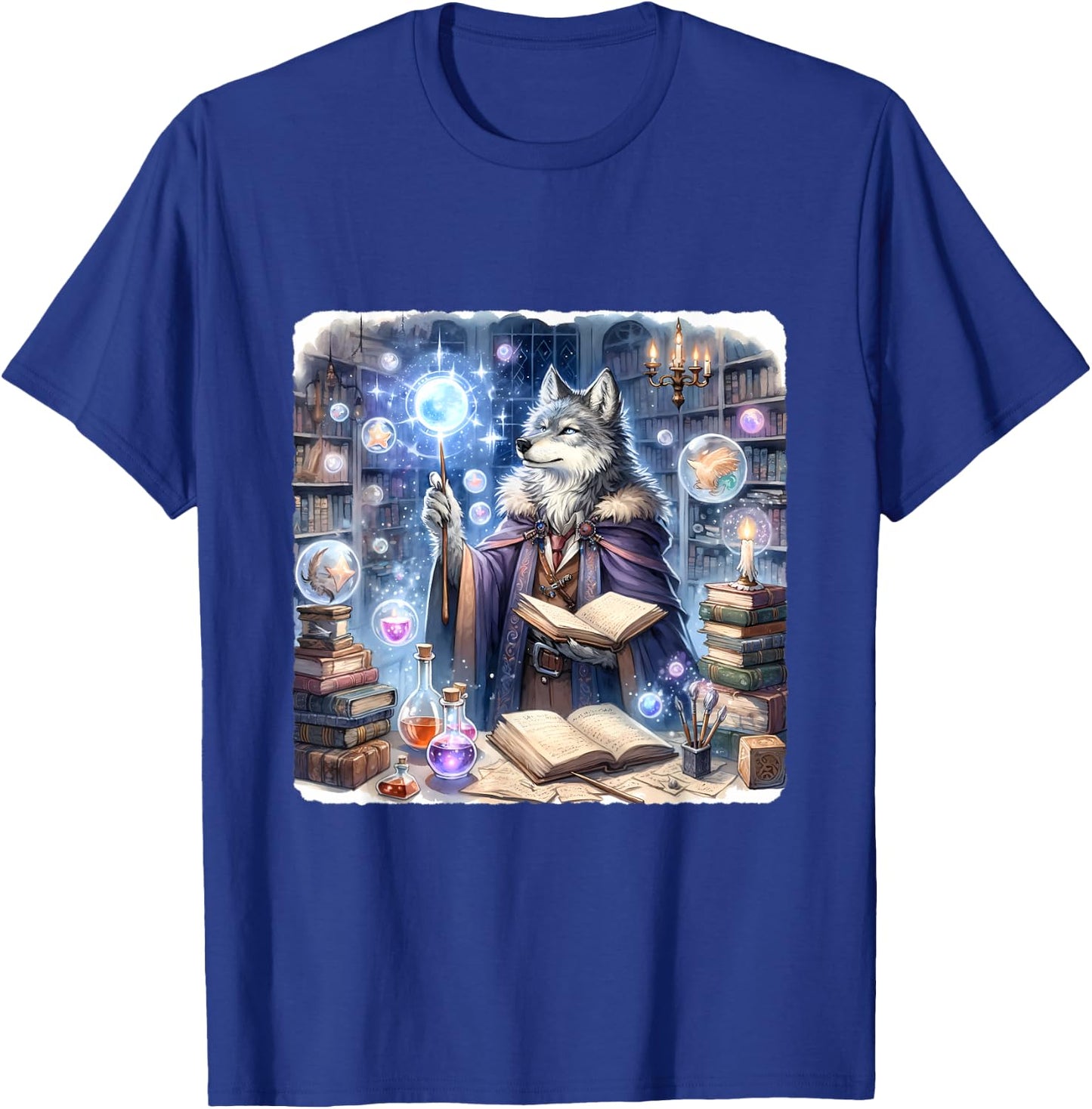 Wolf Wizard Casting Spells With Luminous Wand. Books Potions T-Shirt - T-Shirt | Royal