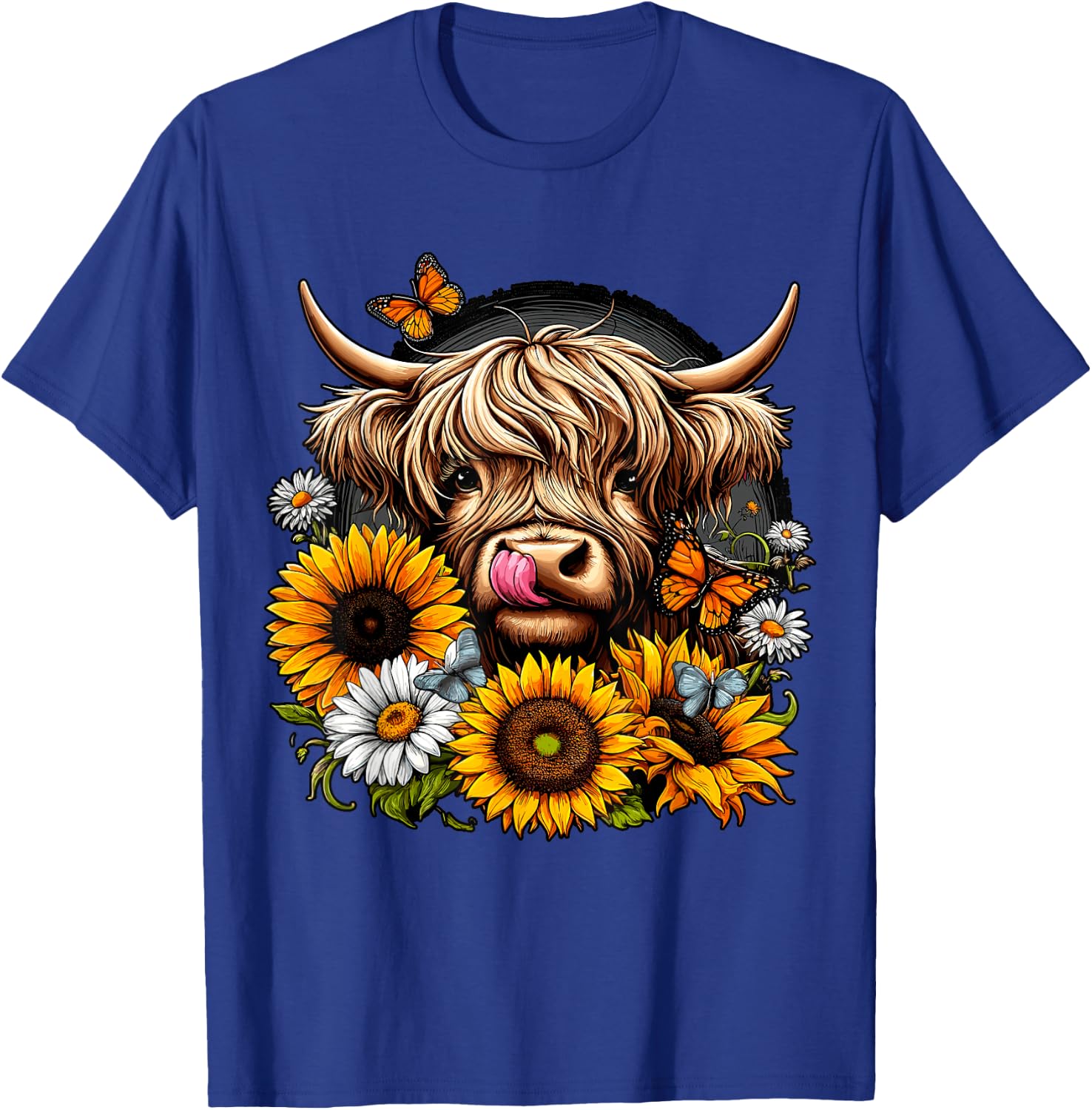 Highland Cow with Sunflowers and Butterflies T-Shirt - T-Shirt | Royal