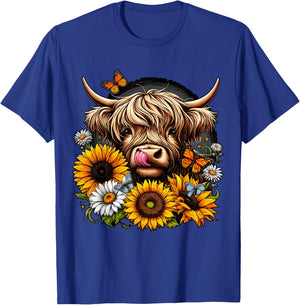 Highland Cow with Sunflowers and Butterflies T-Shirt - T-Shirt | Royal