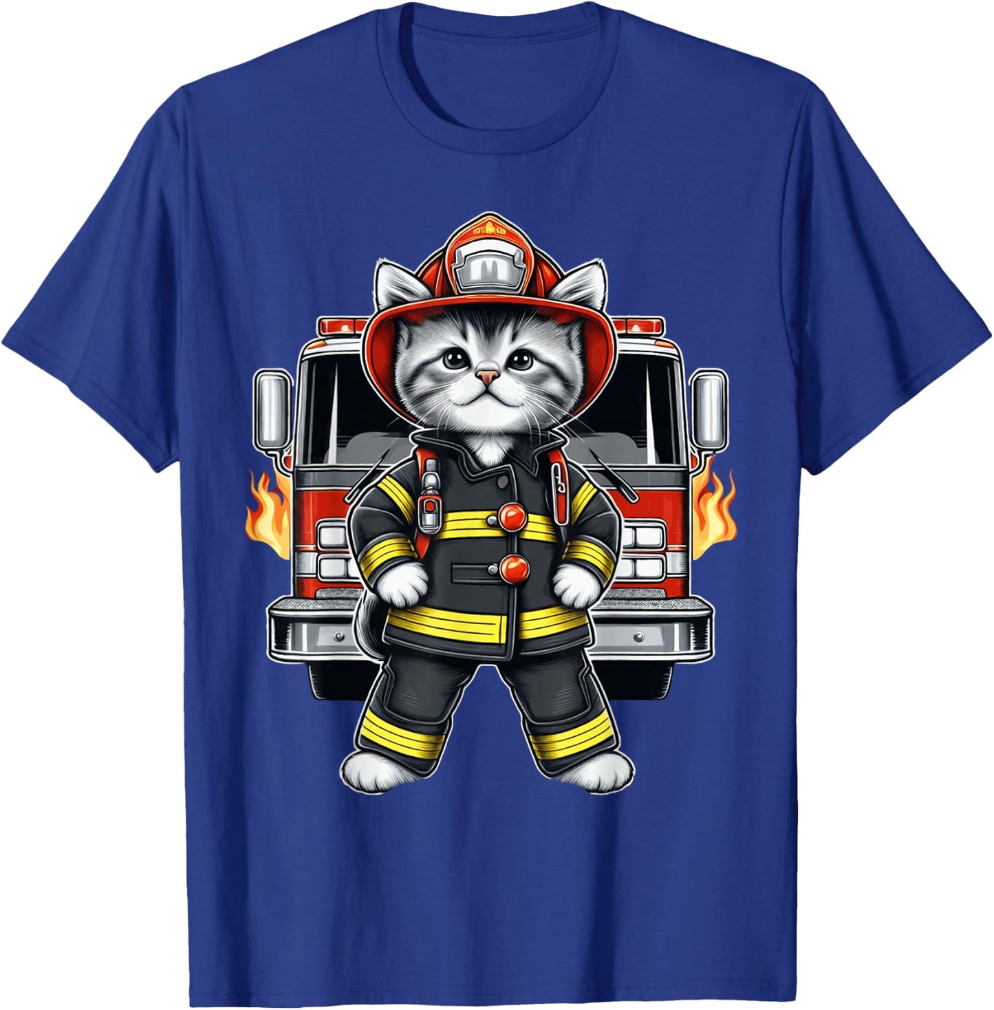 Brave Kitten Firefighter Cute Heroic Cat Adorable Firetruck T-Shirt - T-Shirt | Royal