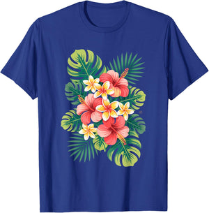 Tropical Flower Cluster Hibiscus and Plumeria Summer Design T-Shirt - T-Shirt | Royal