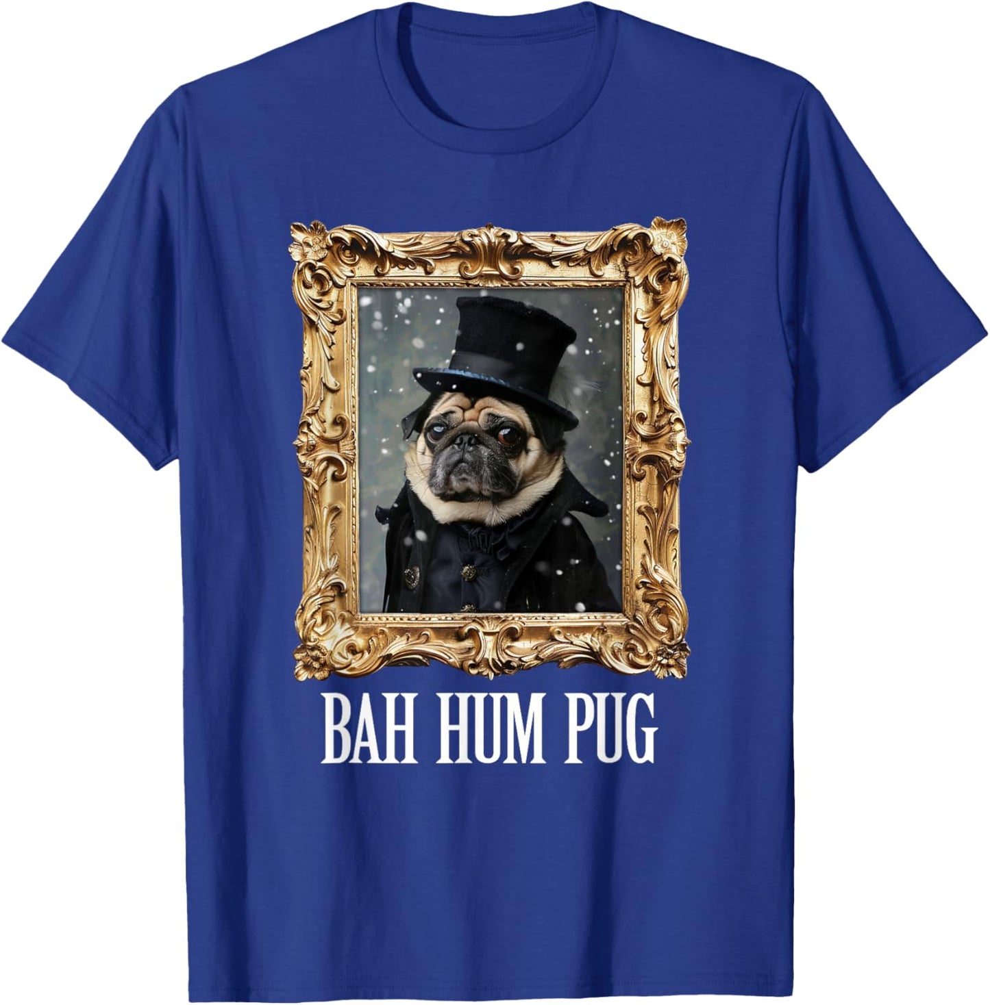 Funny Dog Bah Hum Pug Christmas Pet Holiday Photo Old Frame Men Women Kids T-Shirt - T-Shirt | Royal