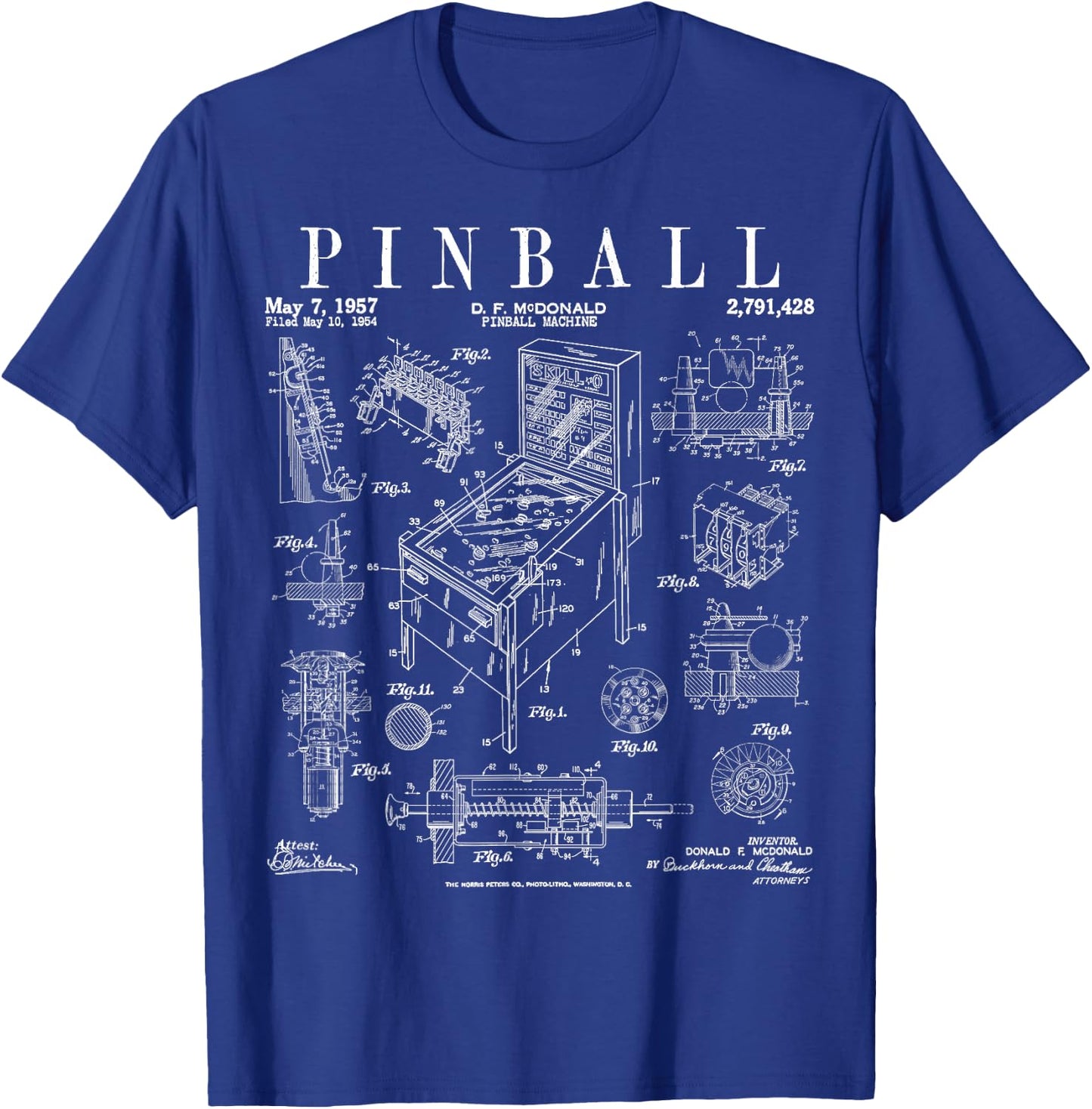Pinball Arcade Gaming Machine Vintage Gamer Patent Print T-Shirt - T-Shirt | Royal