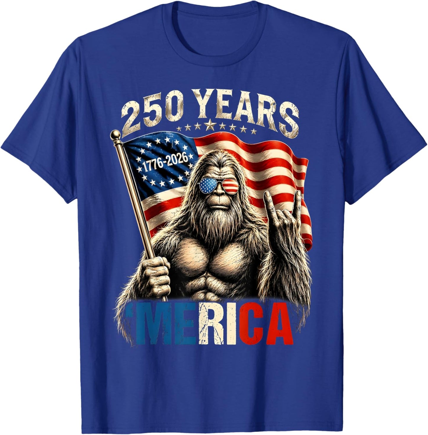 Bigfoot Patriotic 250 Years of Freedom American USA Flag T-Shirt - T-Shirt | Royal