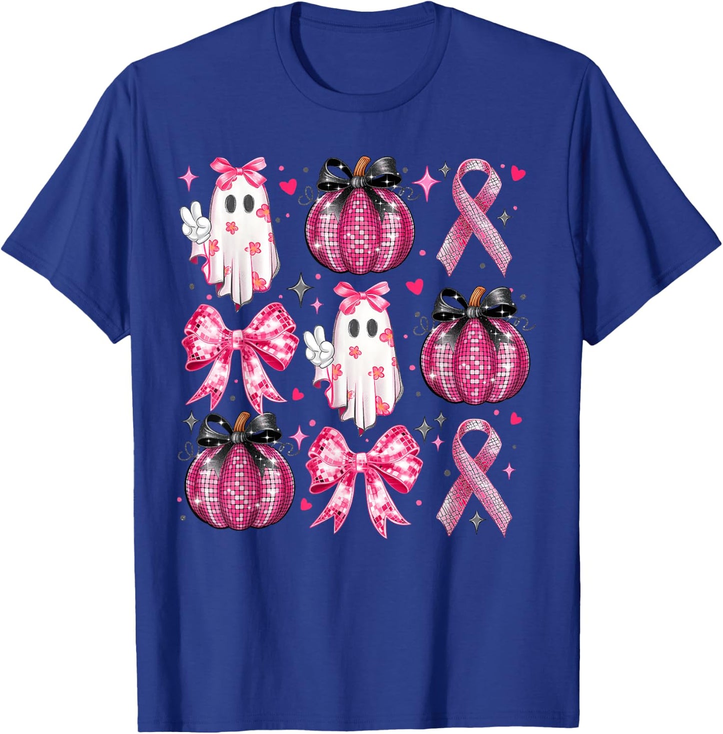 Halloween Pumpkin Pink Ribbon Disco Ghost Bow Breast Cancer T-Shirt - T-Shirt | Royal