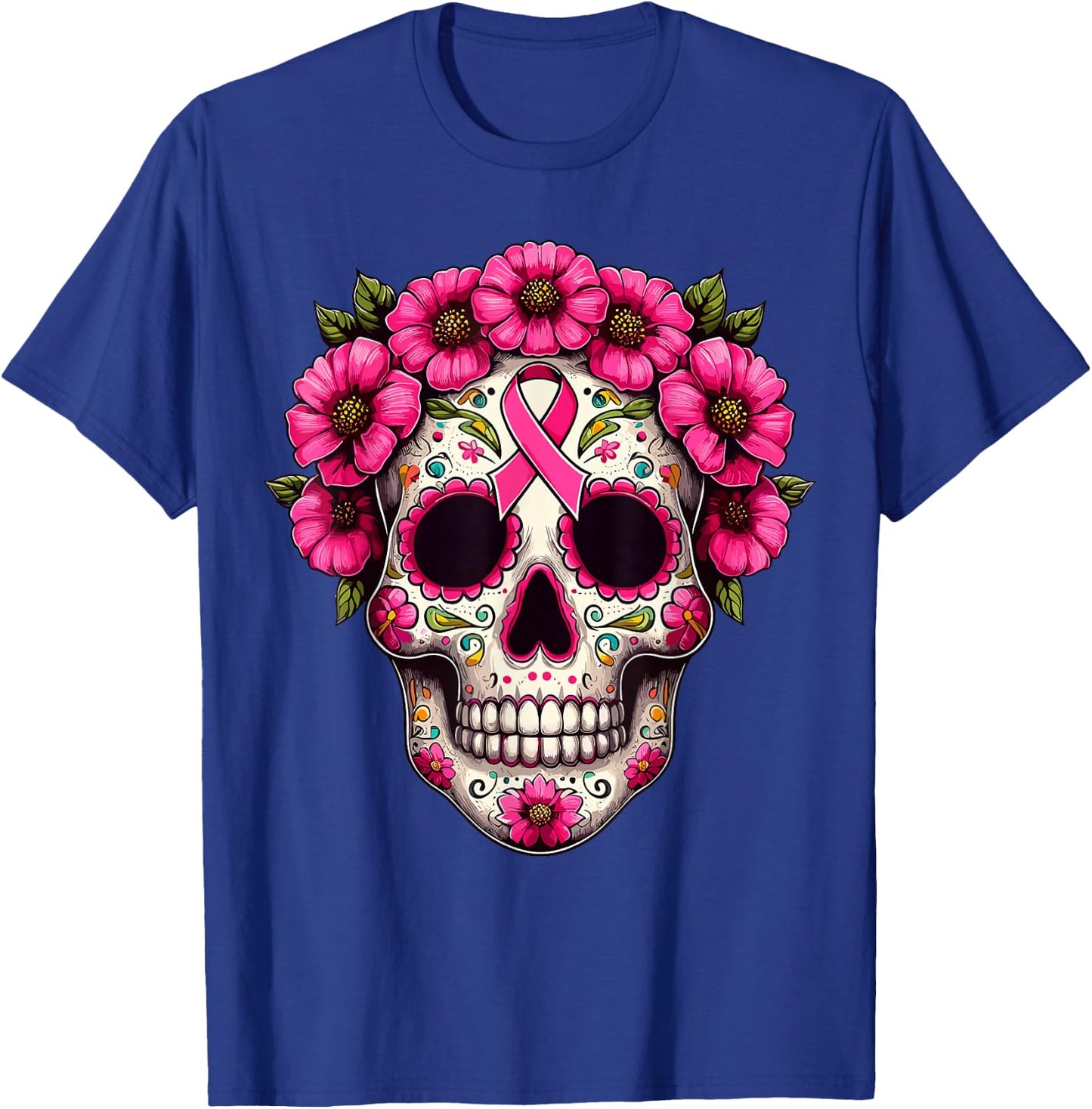 Sugar Skull Pink Ribbon Calavera Breast Cancer Awareness T-Shirt - T-Shirt | Royal