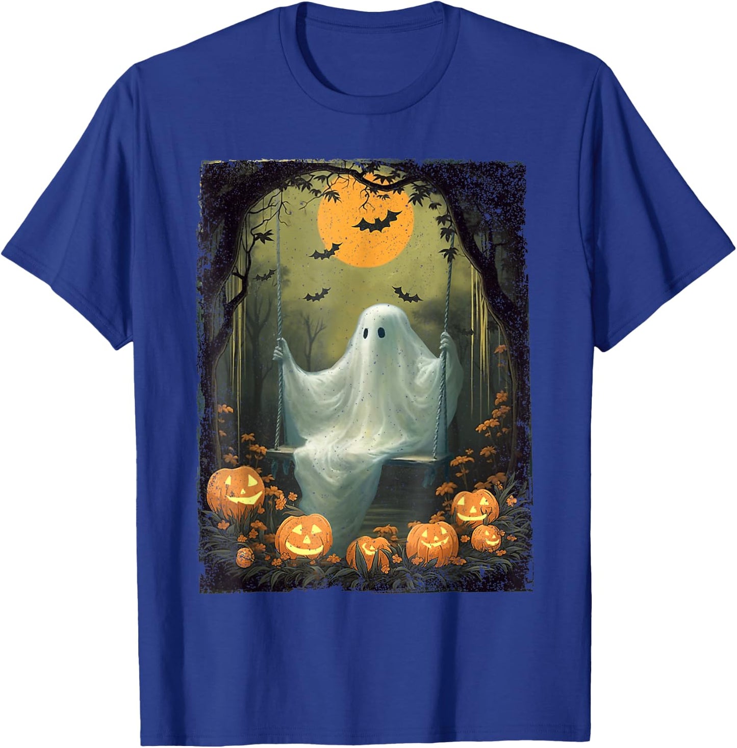 Vintage Floral Ghost On Swing In Forest Halloween Pumpkin T-Shirt - T-Shirt | Royal
