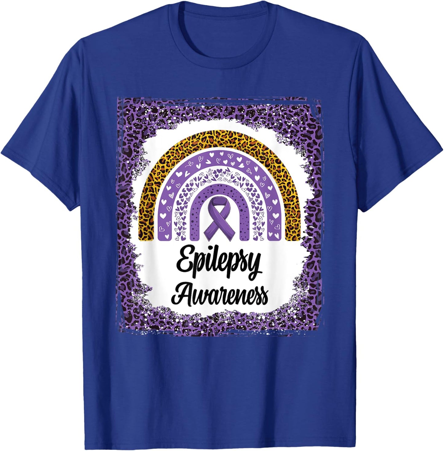 Epilepsy Awareness Bleached Rainbow leopard Purple Ribbon T-Shirt - T-Shirt | Royal