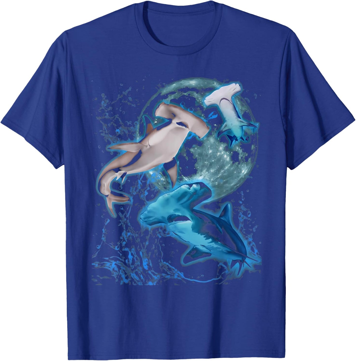 Vintage Three Hammerhead Shark Howling Moon Marine Biologist T-Shirt - T-Shirt | Royal
