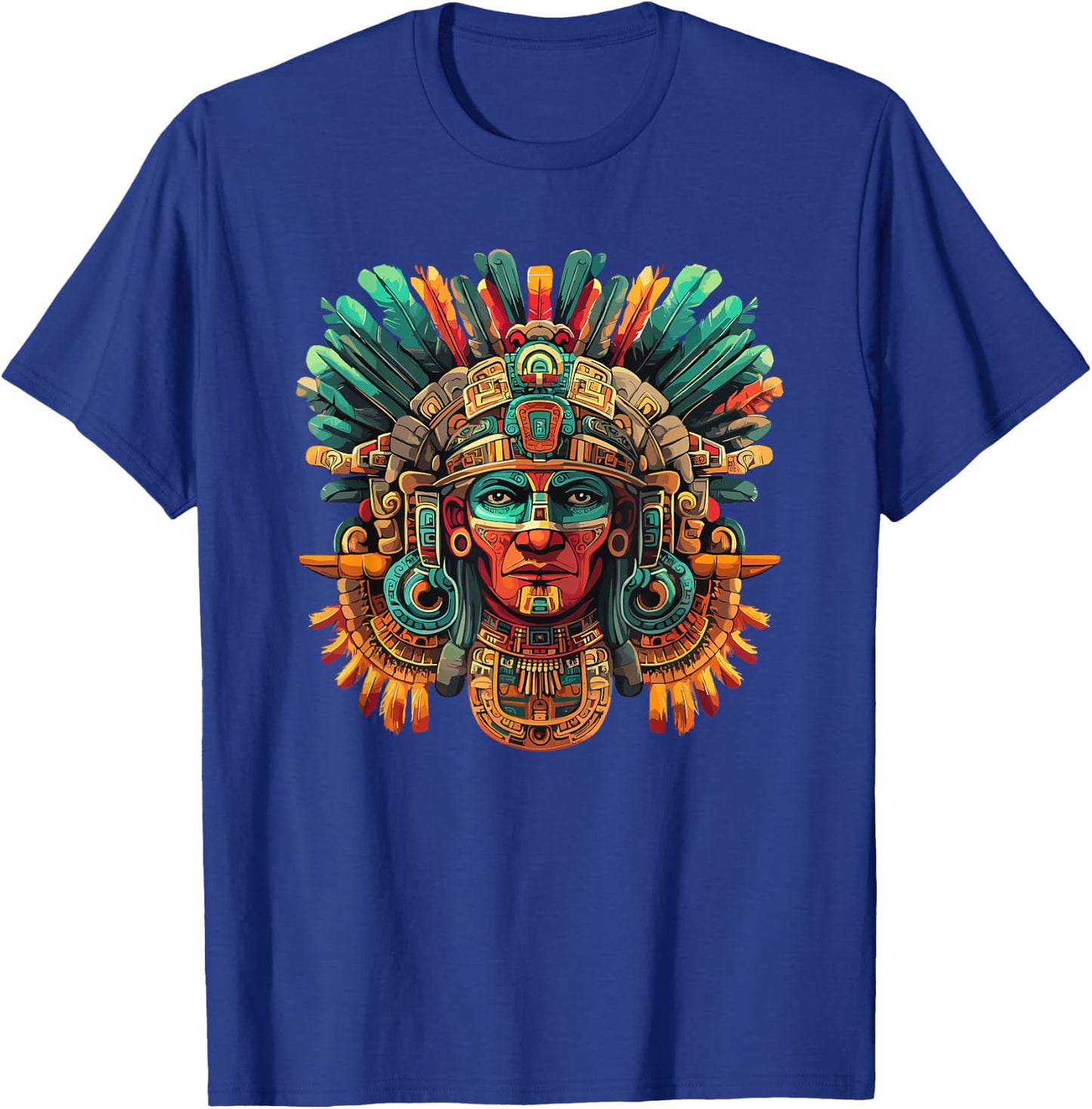 Mayan Tribal Warrior Mask Feather Headdress T-Shirt - T-Shirt | Royal