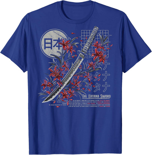 Red Spider Lily Flower Japanese Katana Sword Backprinted T-Shirt - T-Shirt | Royal