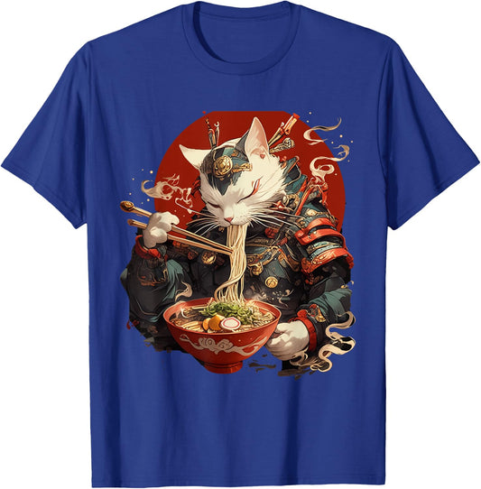 Japanese Art Ramen Cat Ninja Ukiyo-e Anime Style Samurai Cat T-Shirt - T-Shirt | Royal