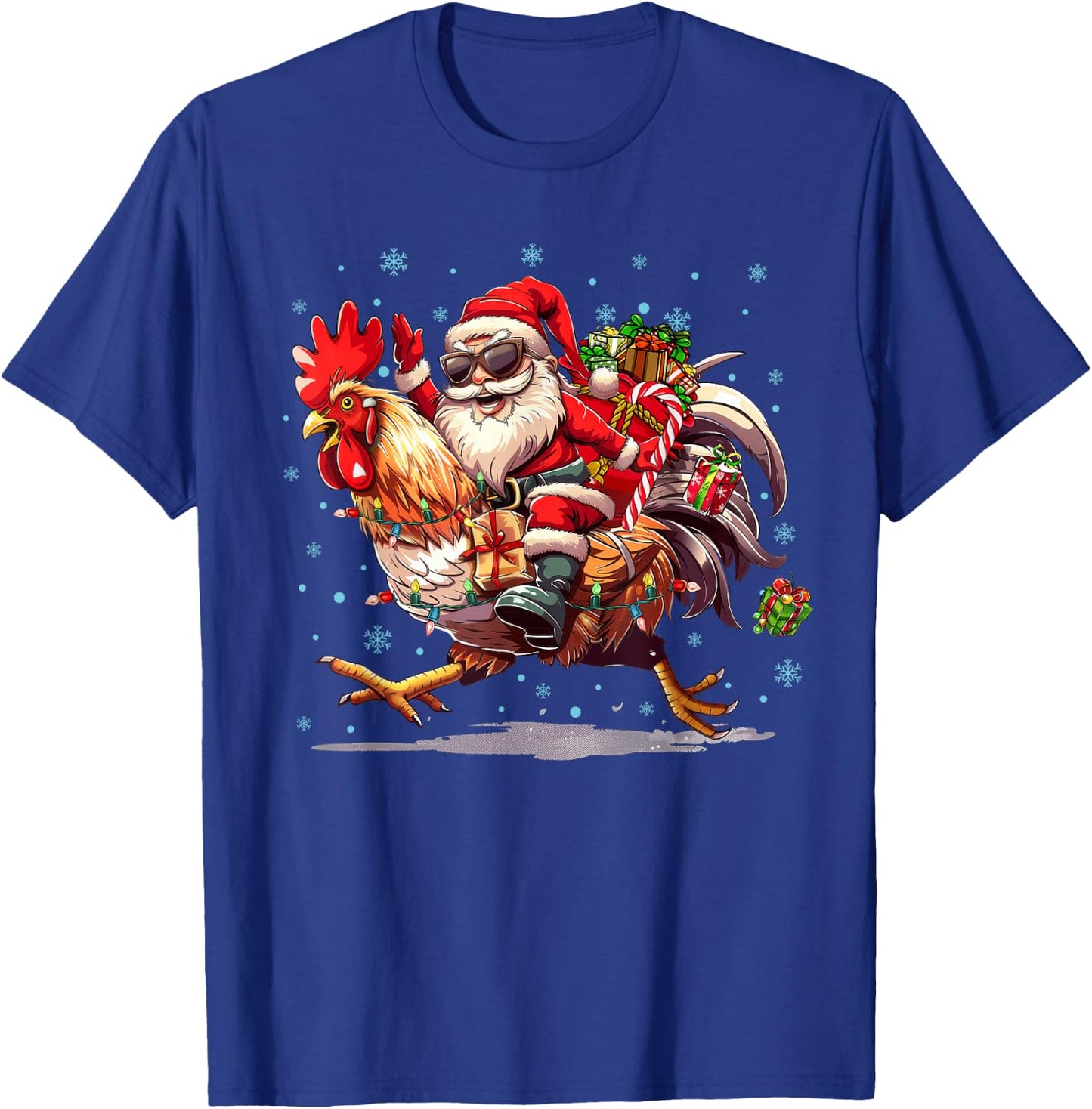 Ugly Christmas Santa Riding Chicken Christmas Tree Lights T-Shirt - T-Shirt | Royal