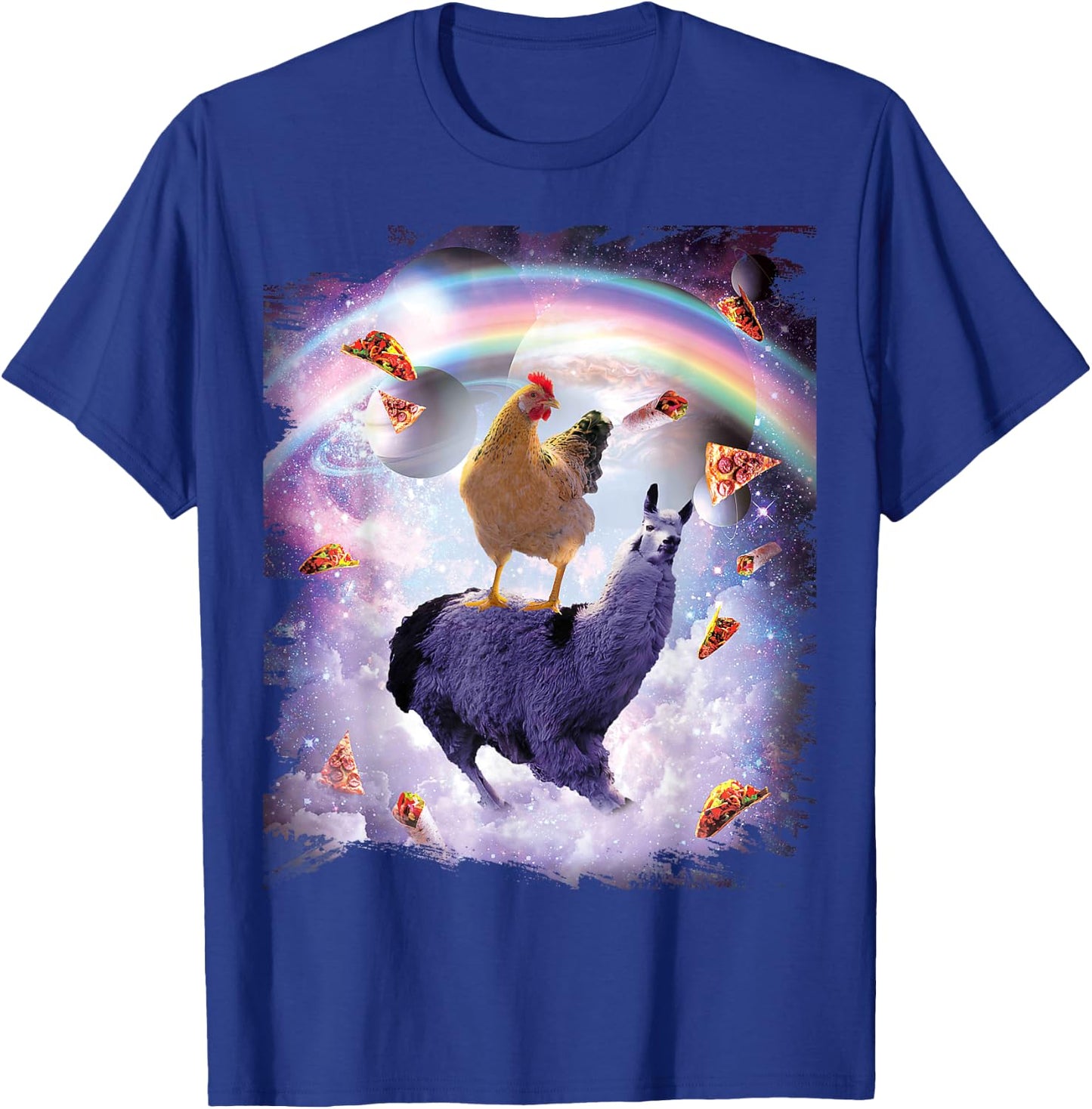 Chicken Riding Llama in Space - Rainbow T-Shirt - T-Shirt | Royal