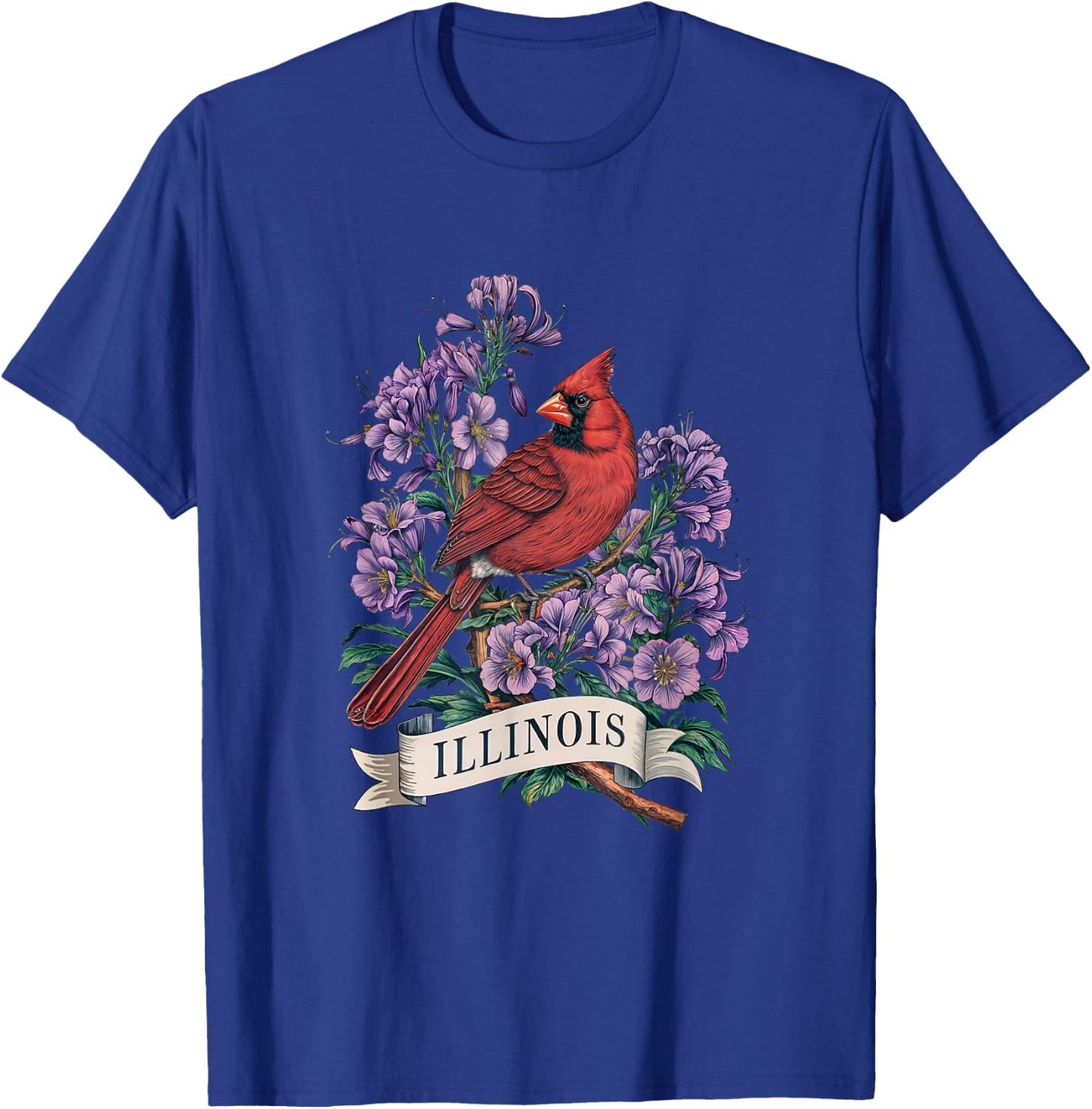 Illinois Northern Cardinal Bird and Violet Flower T-Shirt - T-Shirt | Royal