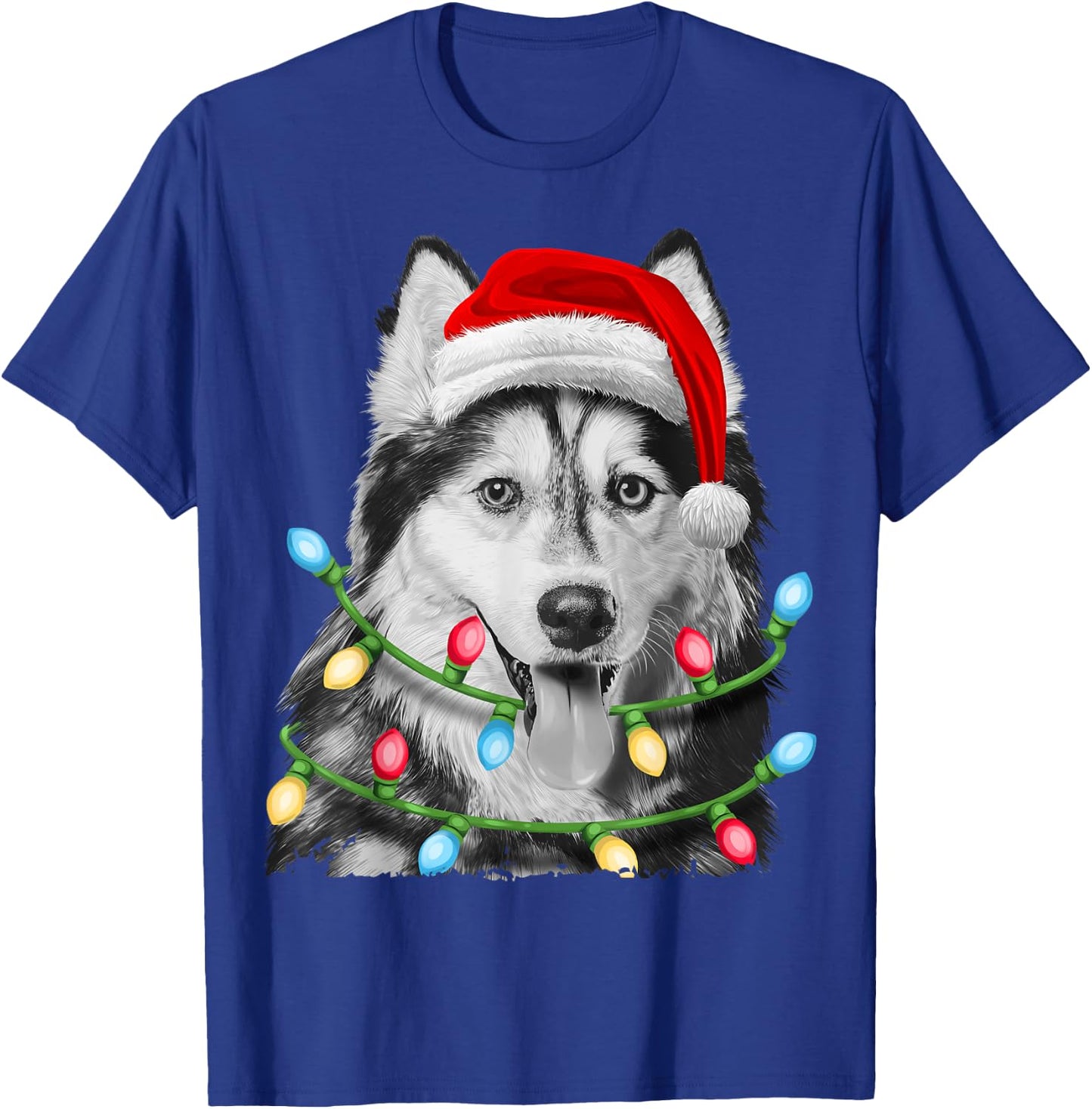Siberian Husky Santa Christmas Tree Lights Xmas Boys Dog T-Shirt - T-Shirt | Royal