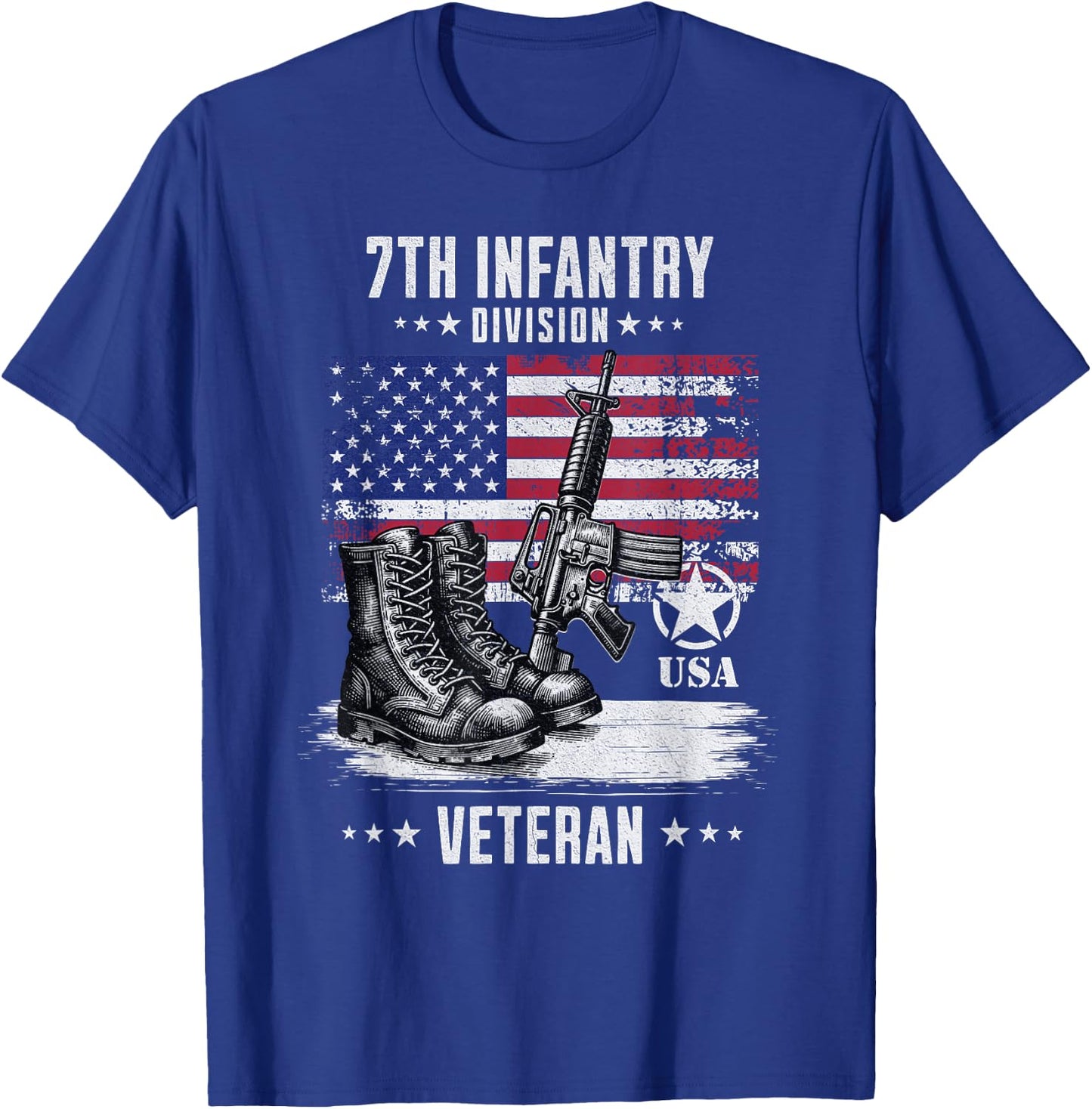 SoldierTees 7th Infantry Division Veteran Distressed -Adults - Black, Short Sleeve, Classic Fit, Military, Solid Color, Small T-Shirt - T-Shirt | Royal