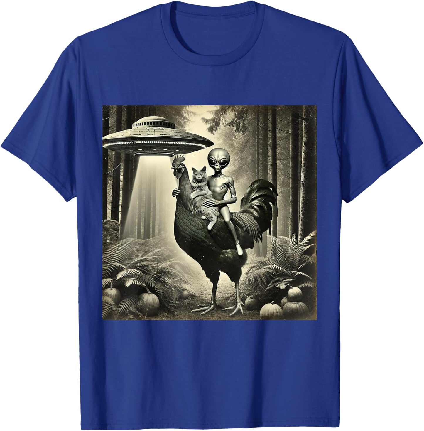 Funny UFO Alien and Cat Lovers Cat With Alien Riding Chicken -Adults, -Kids Black Short Sleeve T-Shirt - T-Shirt | Royal