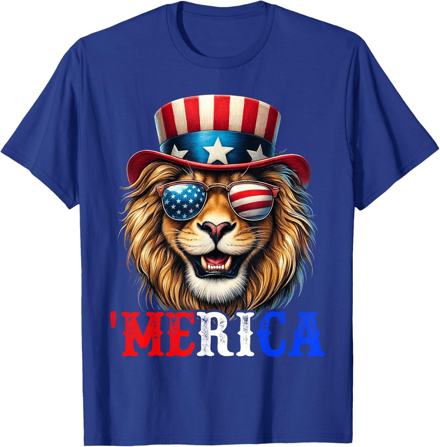 Merica Lion Patriotic 4th of July Funny Kids Men Women T-Shirt - T-Shirt | Royal