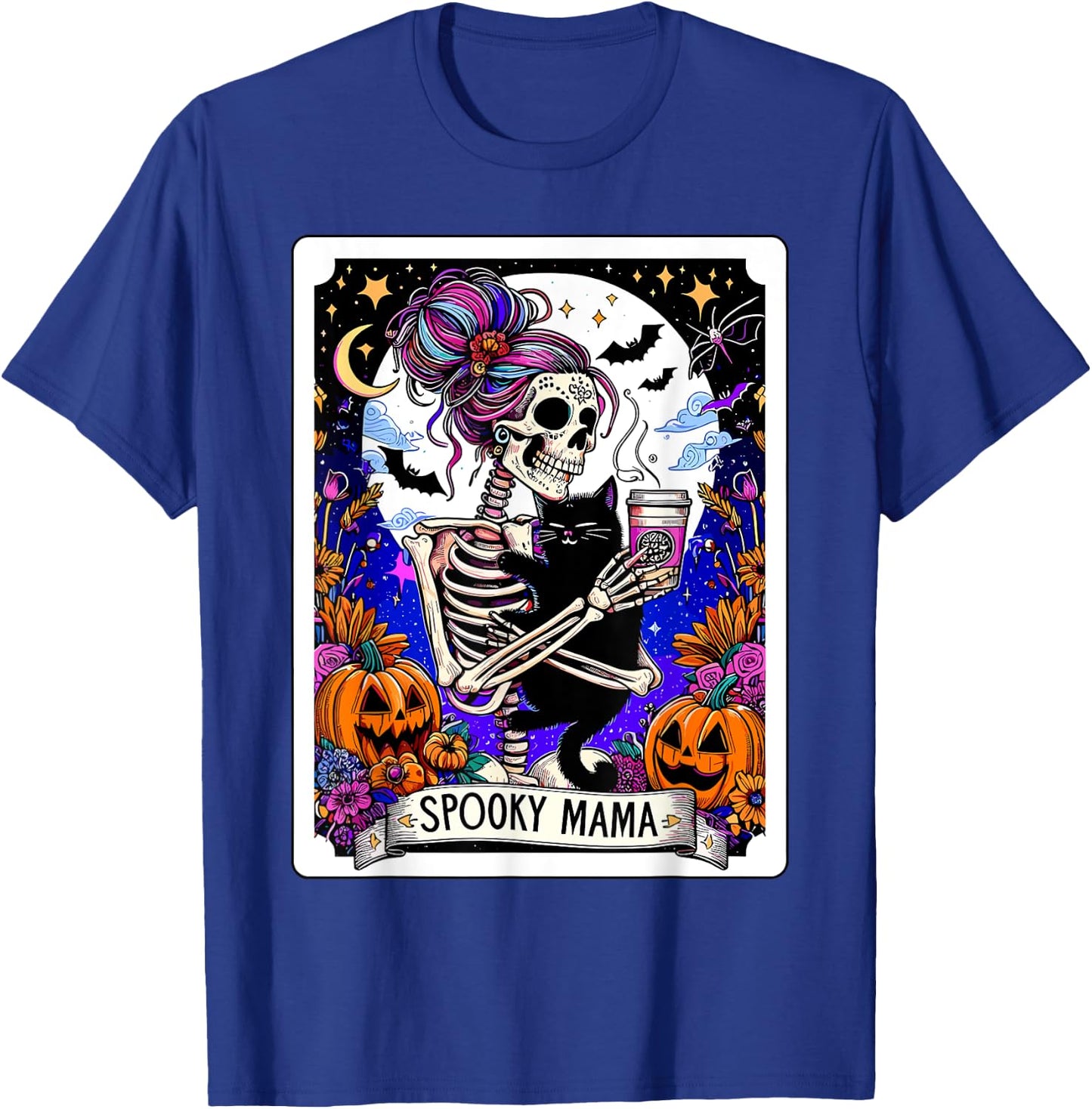 Spooky Mama Tarot Card Halloween Mom Skull Mama Black Cat Women Kids T-Shirt - T-Shirt | Royal