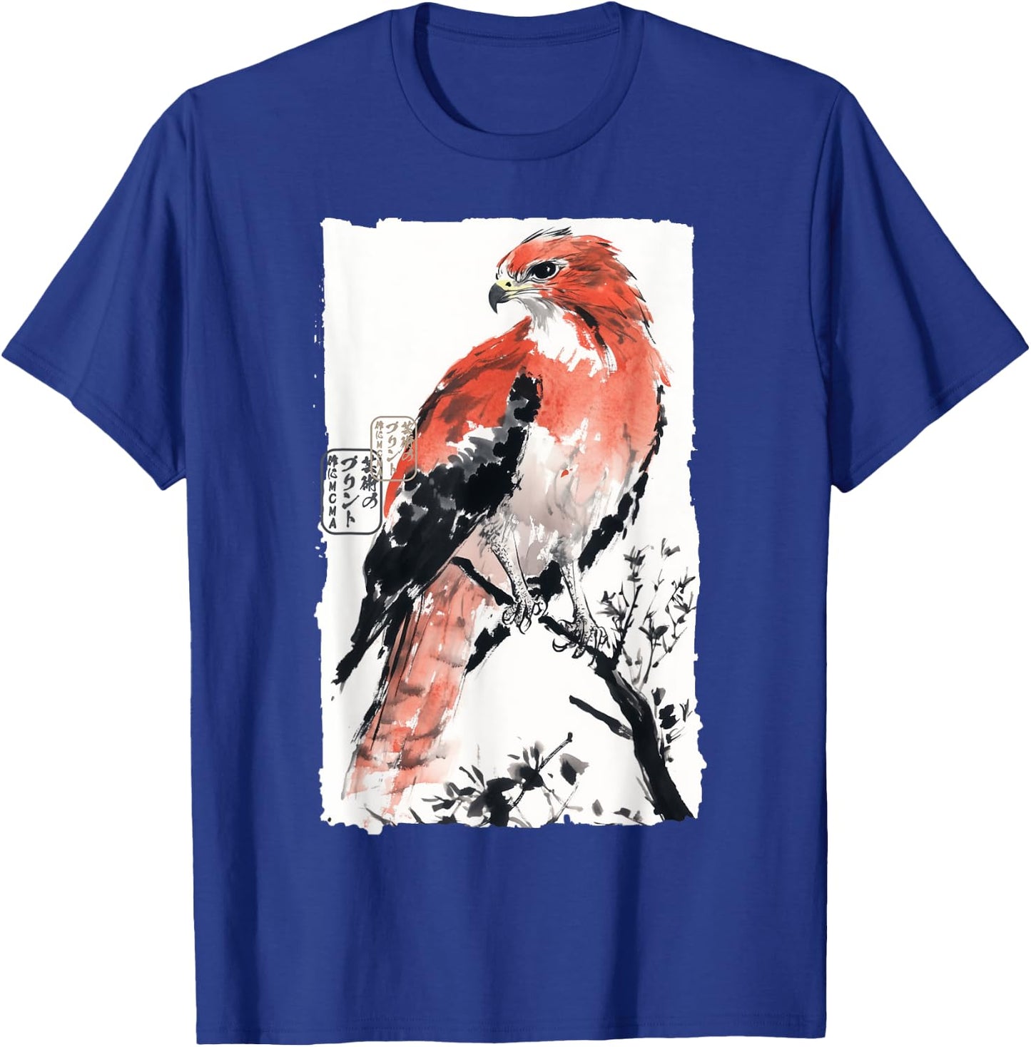 Japanese Falcon Ink Art Traditional Watercolor Sumi-E Style T-Shirt - T-Shirt | Royal