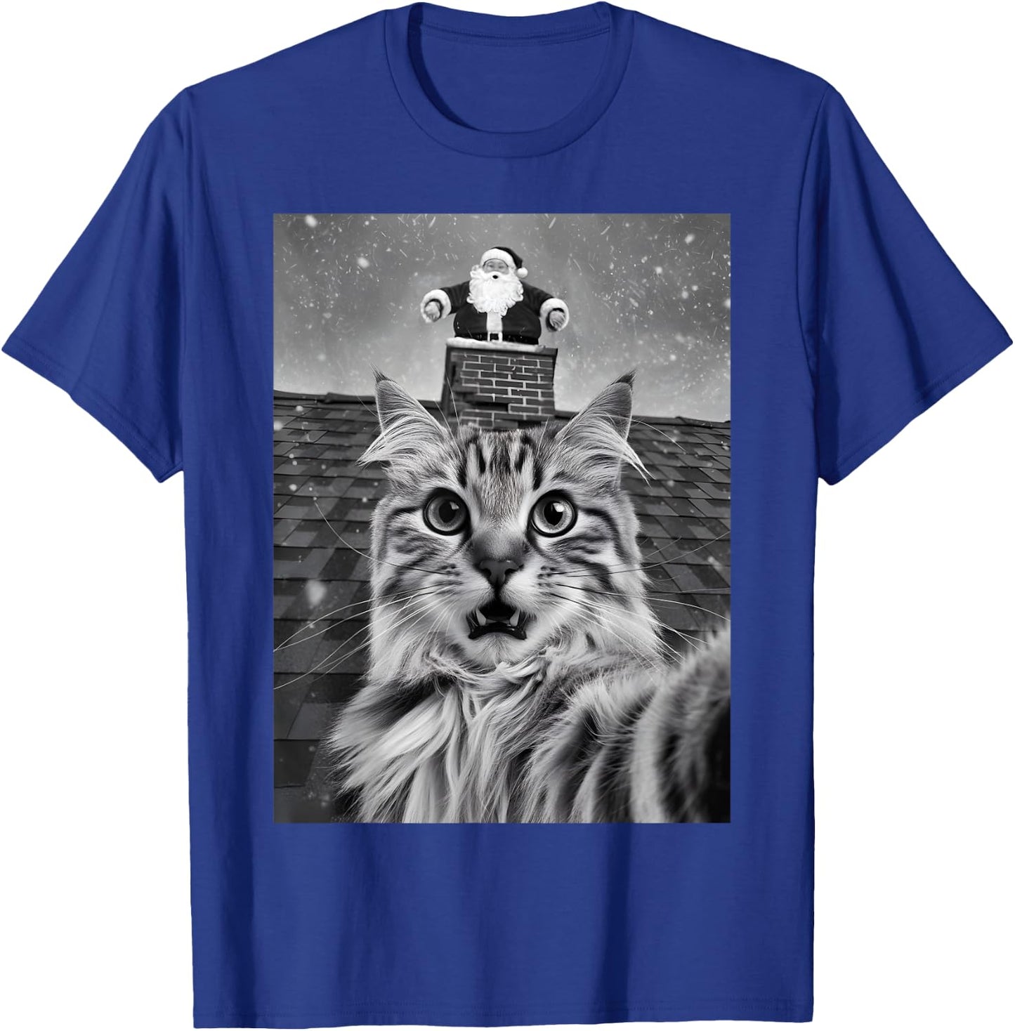 Cat Selfie With Santa Claus PJ Party Merry Christmas T-Shirt - T-Shirt | Royal