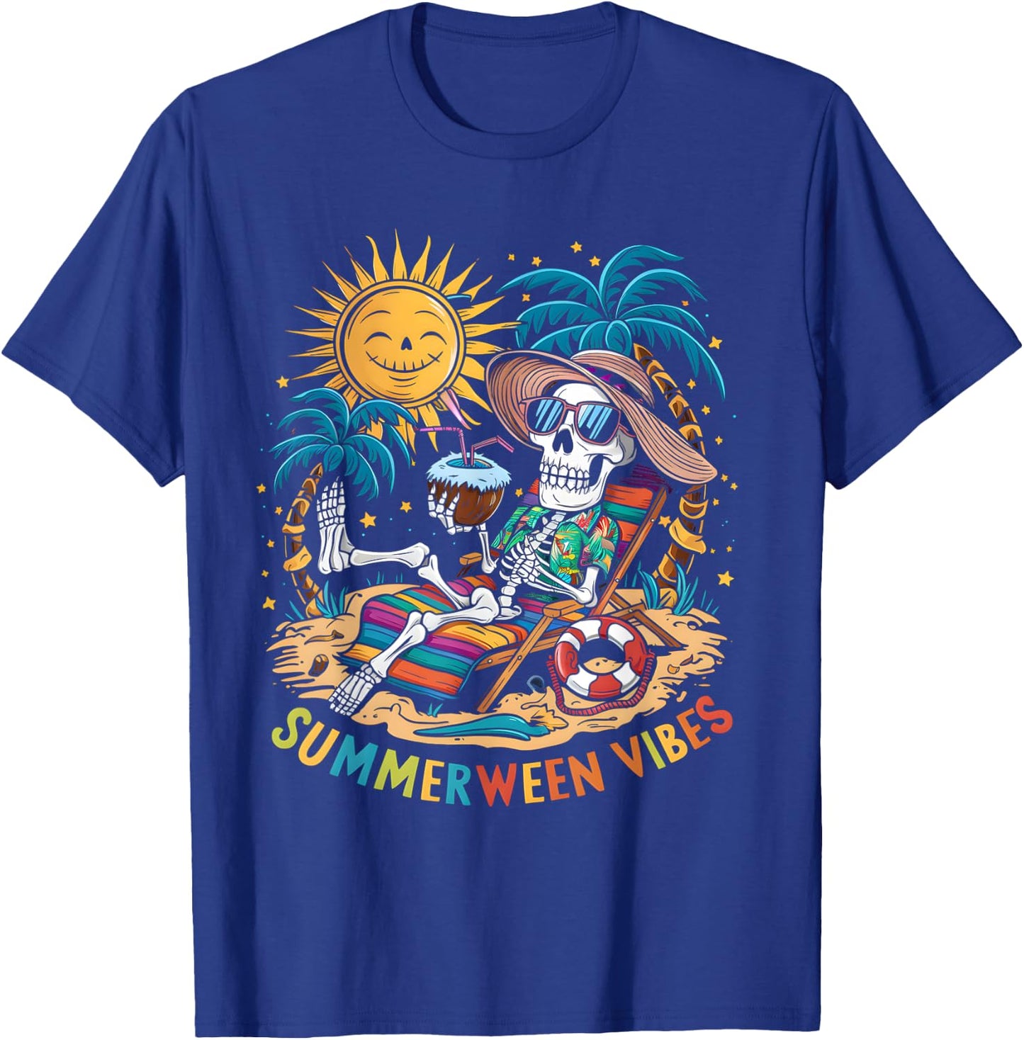 Funny Summerween Vibes Skeleton Summer Vacation Beach Men Women T-Shirt - T-Shirt | Royal