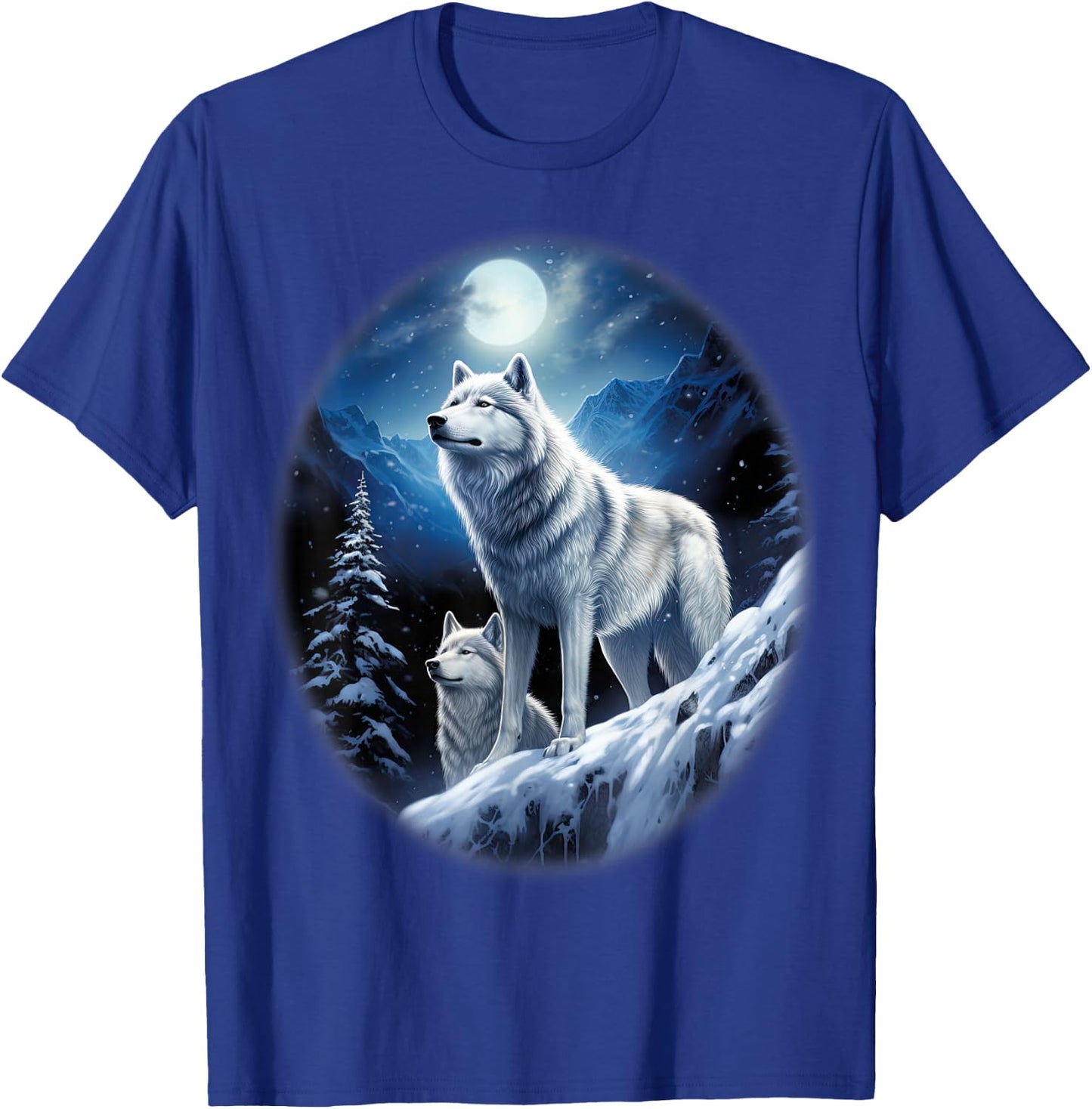Wolves on an icy hill in the mountains with shiny moon T-Shirt - T-Shirt | Royal