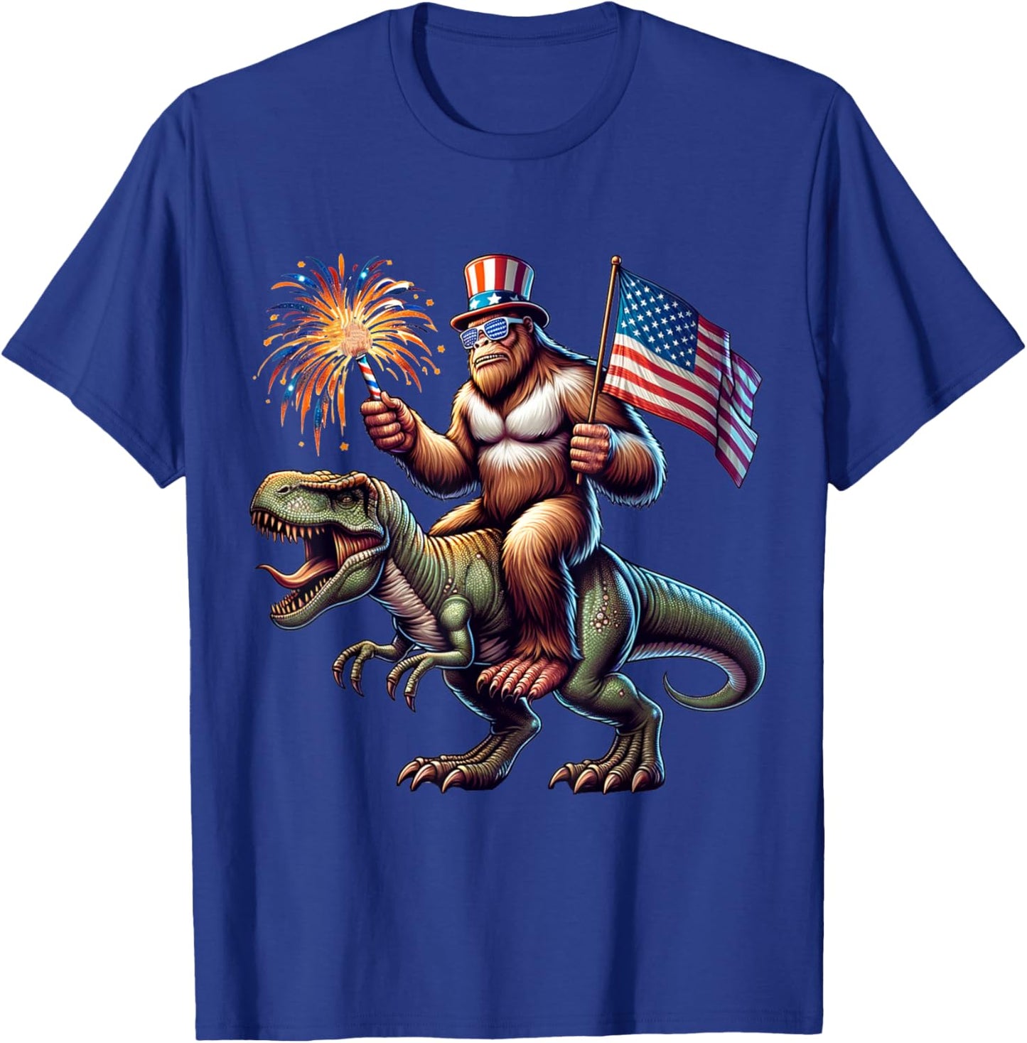 Bigfoot Sasquatch Riding Dinosaur T rex. Funny 4th of July T-Shirt - T-Shirt | Royal