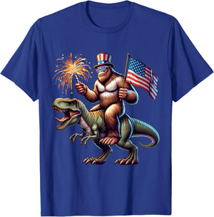 Bigfoot Sasquatch Riding Dinosaur T rex. Funny 4th of July T-Shirt - T-Shirt | Royal