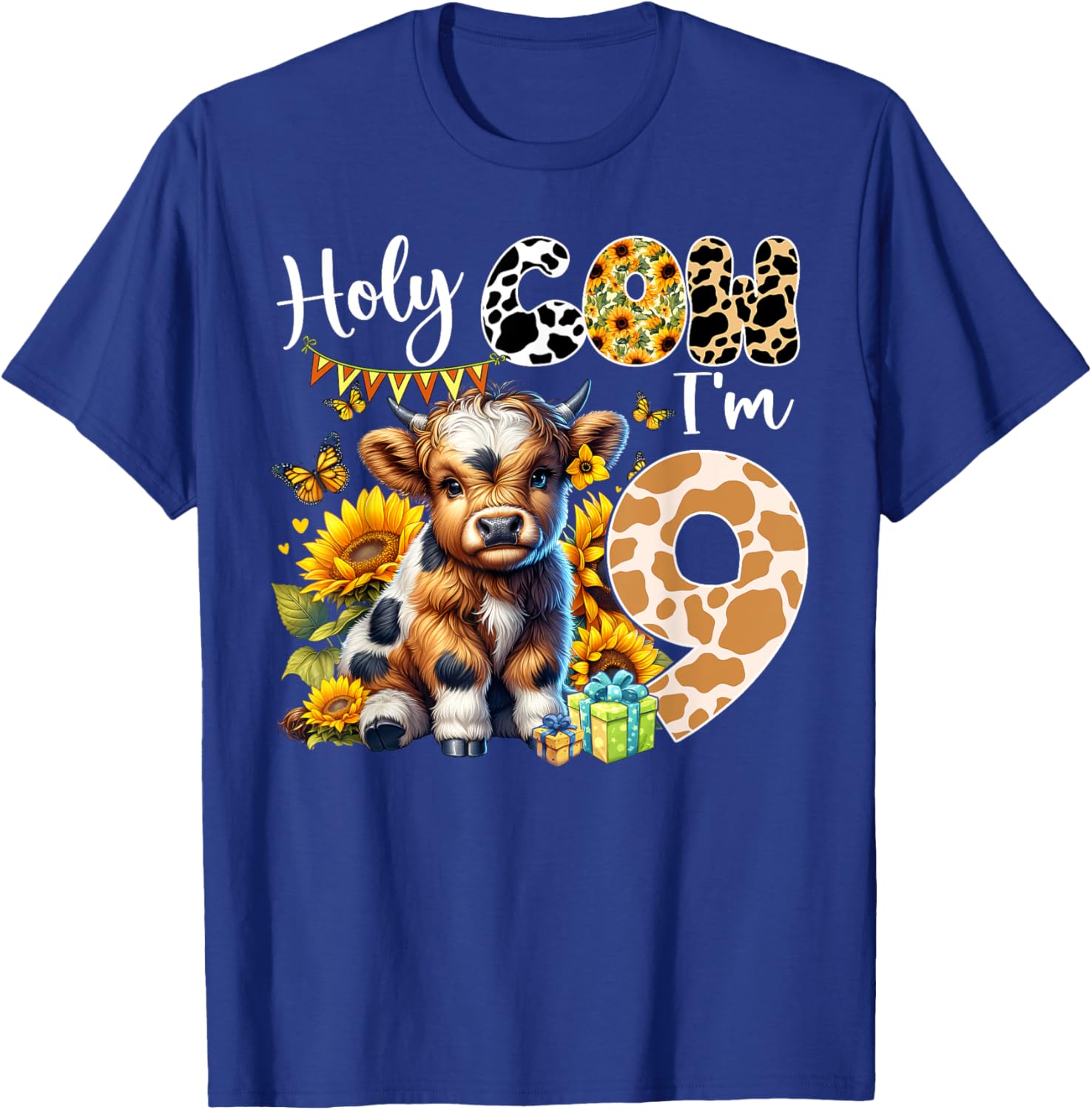 Holy Cow I’m 9 Years Old Dairy Cow Sunflowers 9th Birthday T-Shirt - T-Shirt | Royal