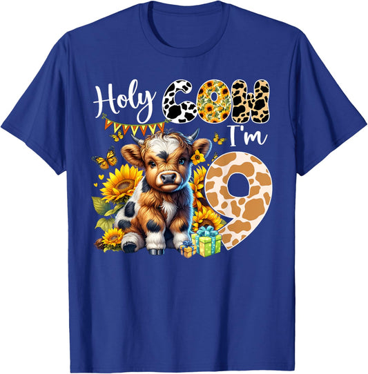 Holy Cow I’m 9 Years Old Dairy Cow Sunflowers 9th Birthday T-Shirt - T-Shirt | Royal