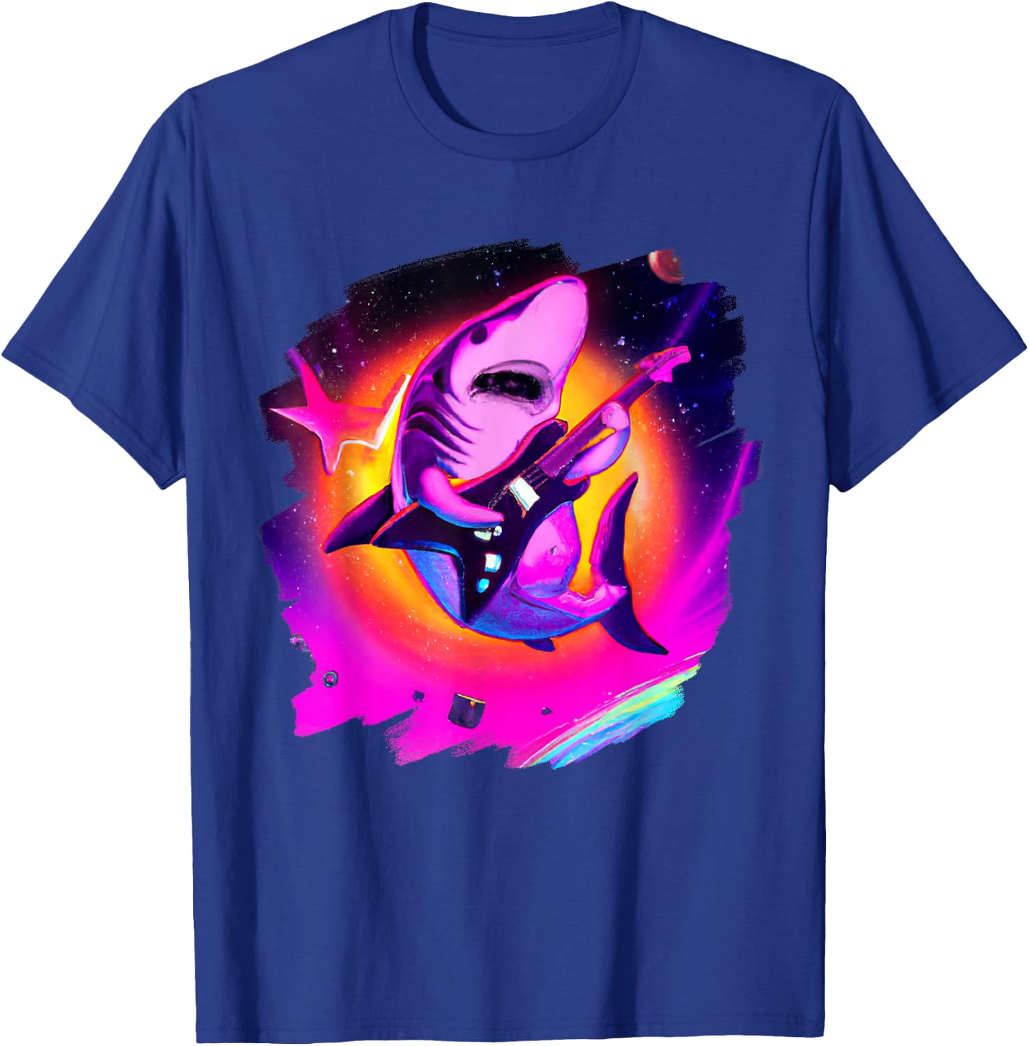 Shark Playing Guitar in Space Outer Space Sharks T-Shirt - T-Shirt | Royal