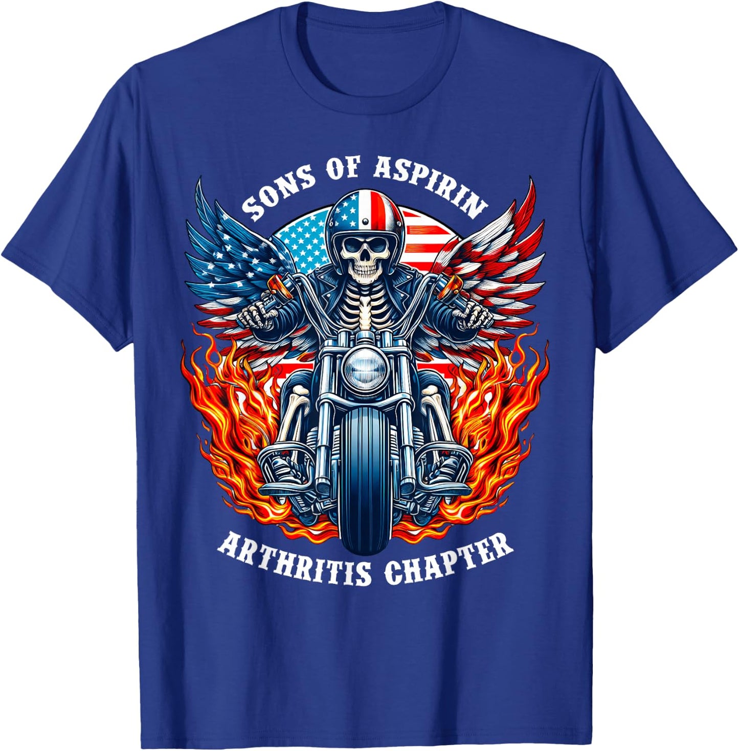 Sons of Aspirin Arthritis Chapter Skeleton Motorcycle Rider T-Shirt - T-Shirt | Royal