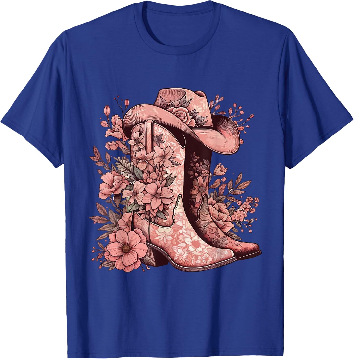 Boho Watercolor Cowgirl Boots Hat Floral Boots Western Boots T-Shirt - T-Shirt | Royal