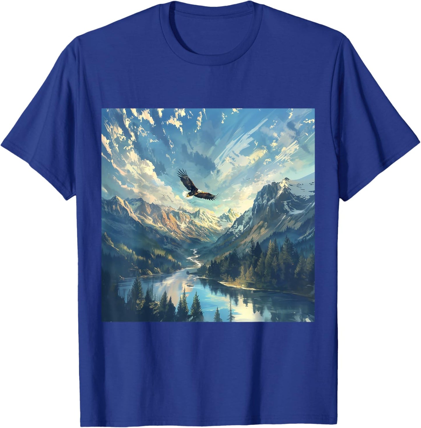 Gnosis Picture Archive Adult Impressionist Wild Bald Eagle Flying over River Valley - Black - Small - Short Sleeve T-Shirt - T-Shirt | Royal