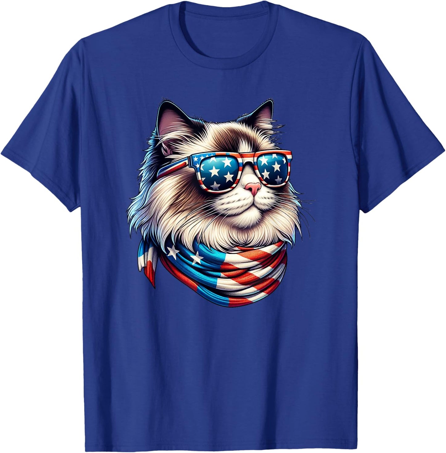 Ragdoll Cat USA Flag Sunglasses Patriotic Cat 4th of July Women Men T-Shirt - T-Shirt | Royal