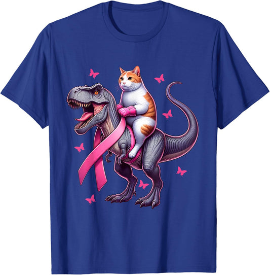 Cat Riding T Rex Dinosaur. Breast Cancer Awareness Women Kids T-Shirt - T-Shirt | Royal