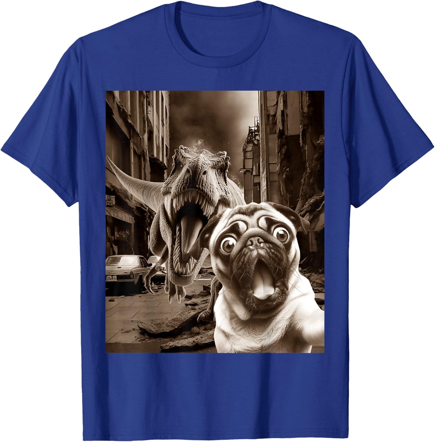 Funny Pug Selfie With T-rex Tyrannosaurus Dog Dinosaur T-Shirt - T-Shirt | Royal