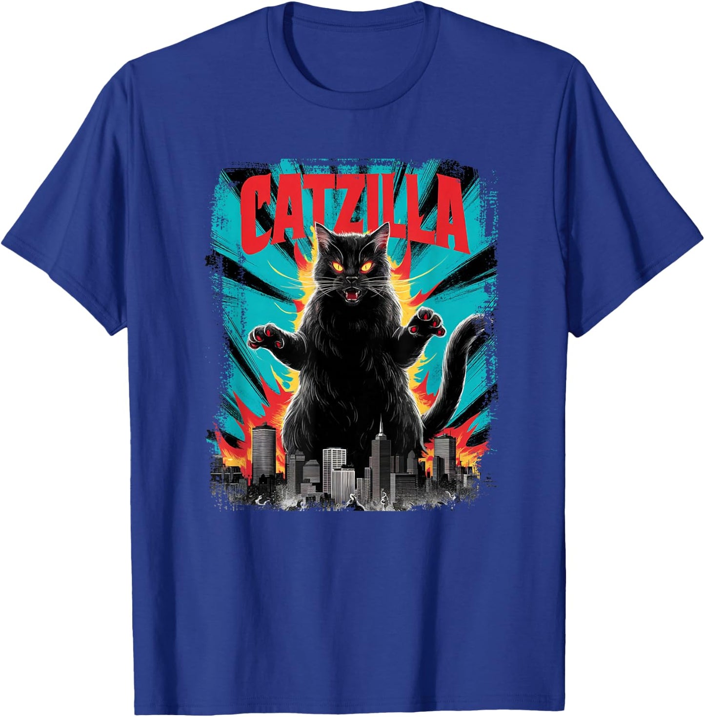 Catzilla Funny Cat Graphic Japanese Cityscape T-Shirt - T-Shirt | Royal