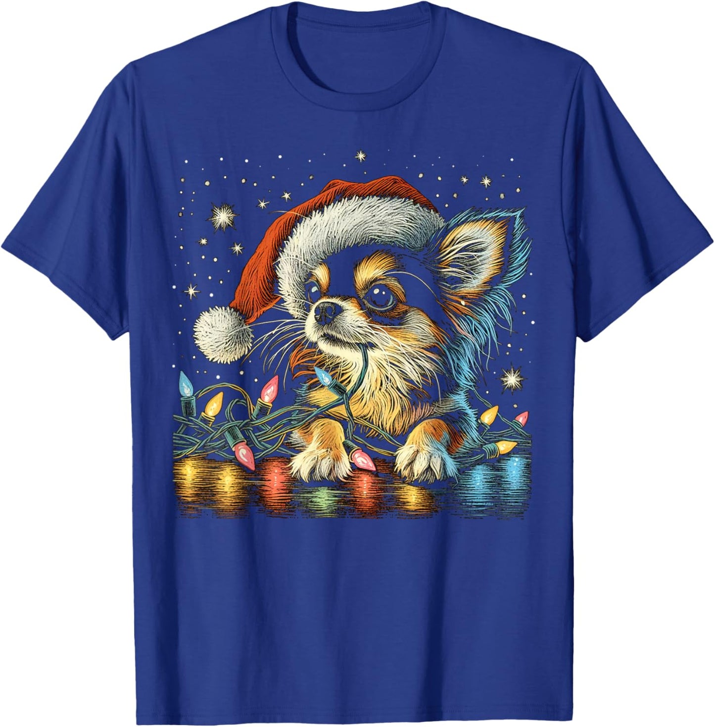 Long haired Chihuahua Chew Christmas Light Cord Xmas Funny T-Shirt - T-Shirt | Royal
